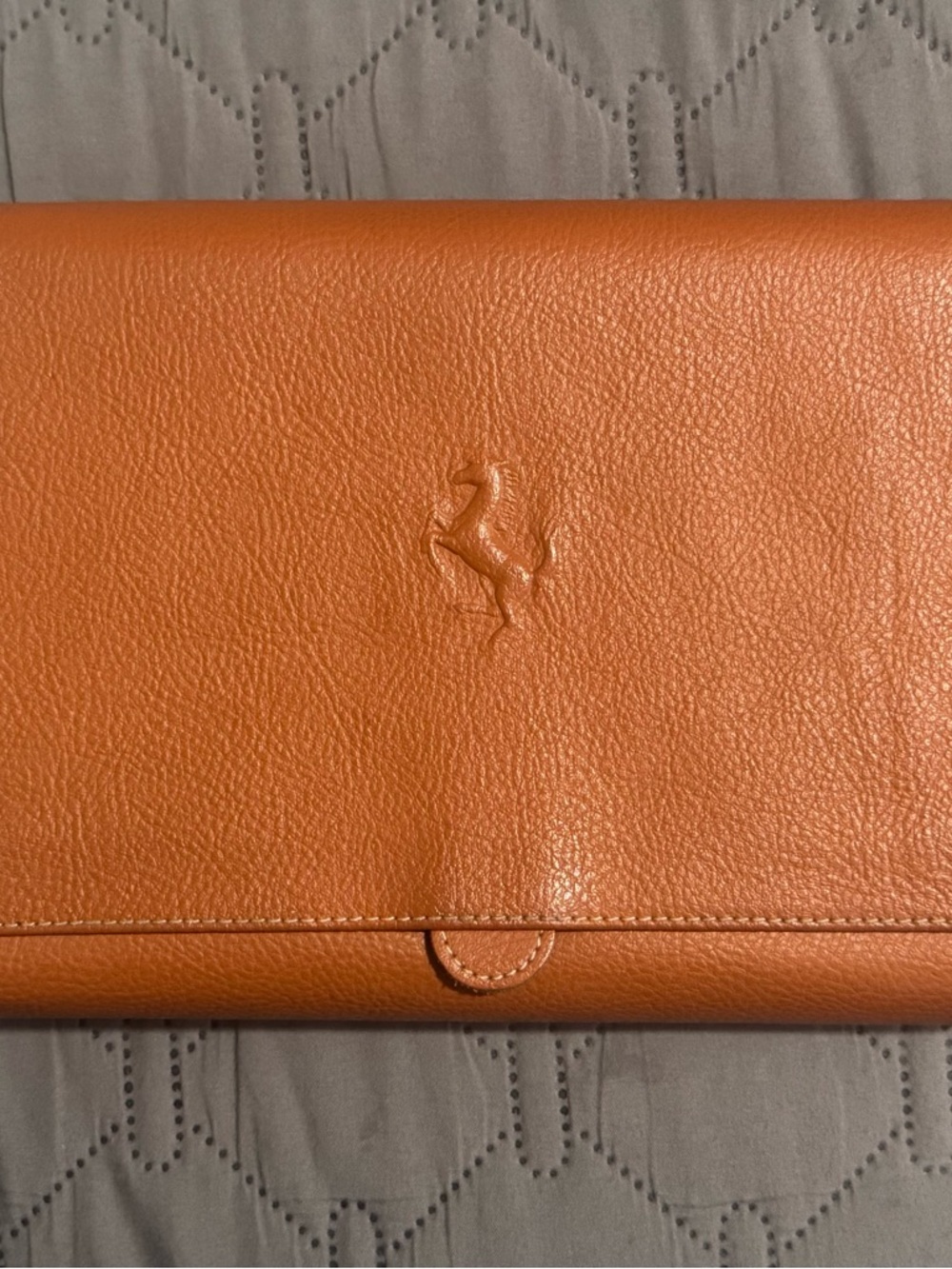 Ferrari Orange Leather Fold-Over Clutch with Embossed Horse